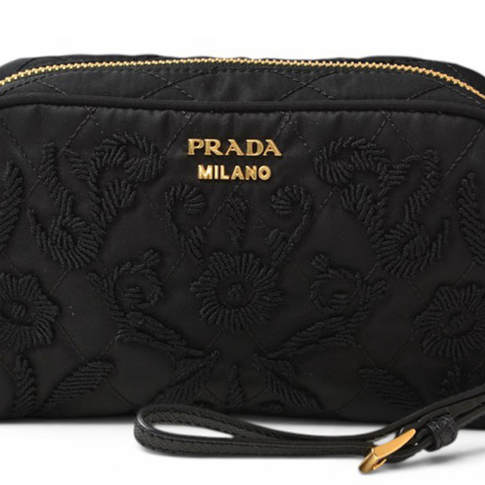 Prada pouch, PRADA quilted, floral embroidery, NERO (black nylon), women's.